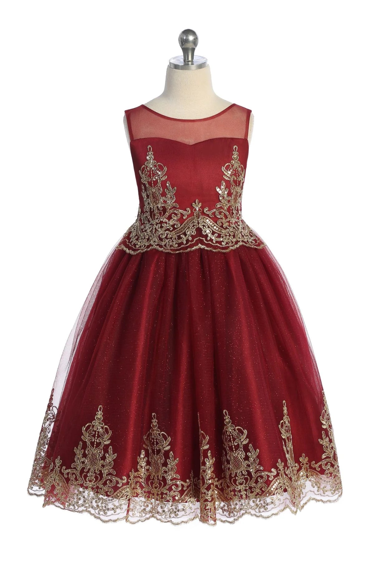 Embroidered Gold Cording Girls Dress Burgundy Front View
