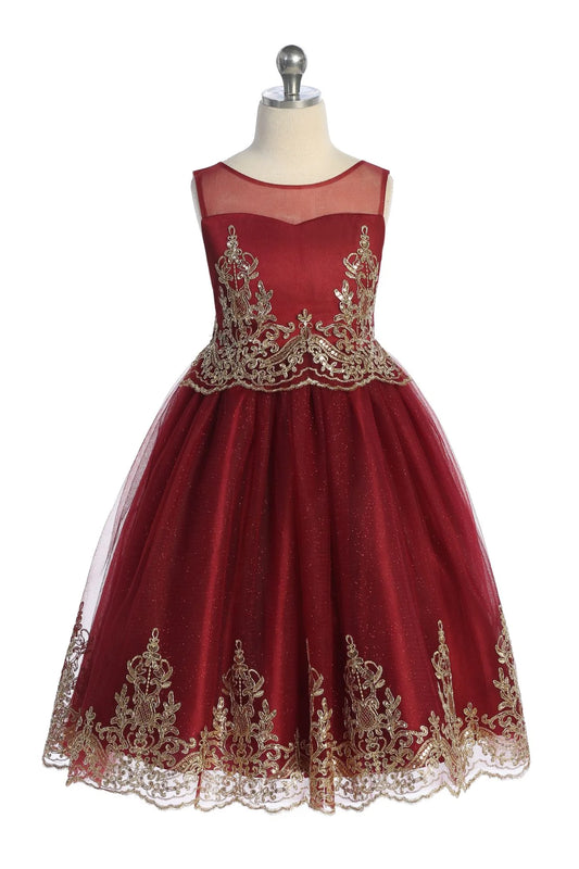 Embroidered Gold Cording Girls Dress Burgundy Front View