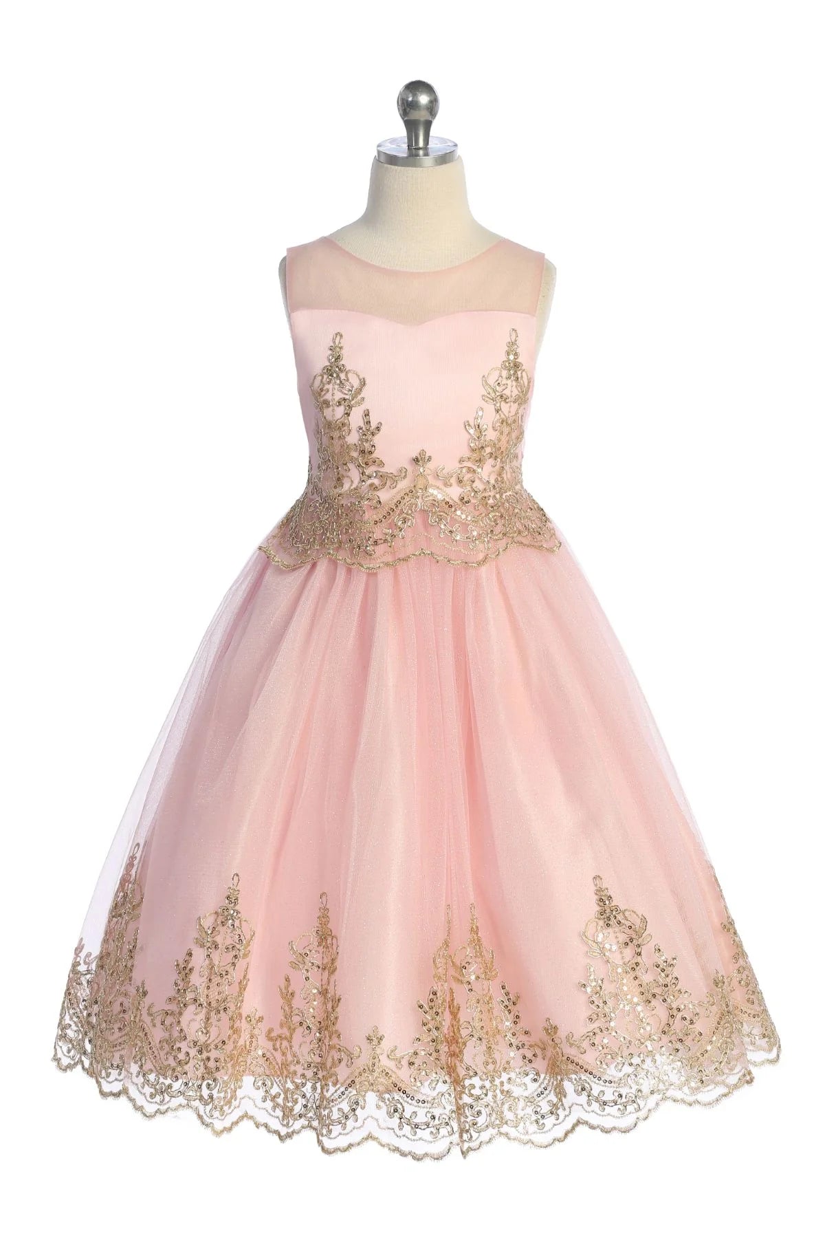 Embroidered Gold Cording Girls Dress Pink Front View