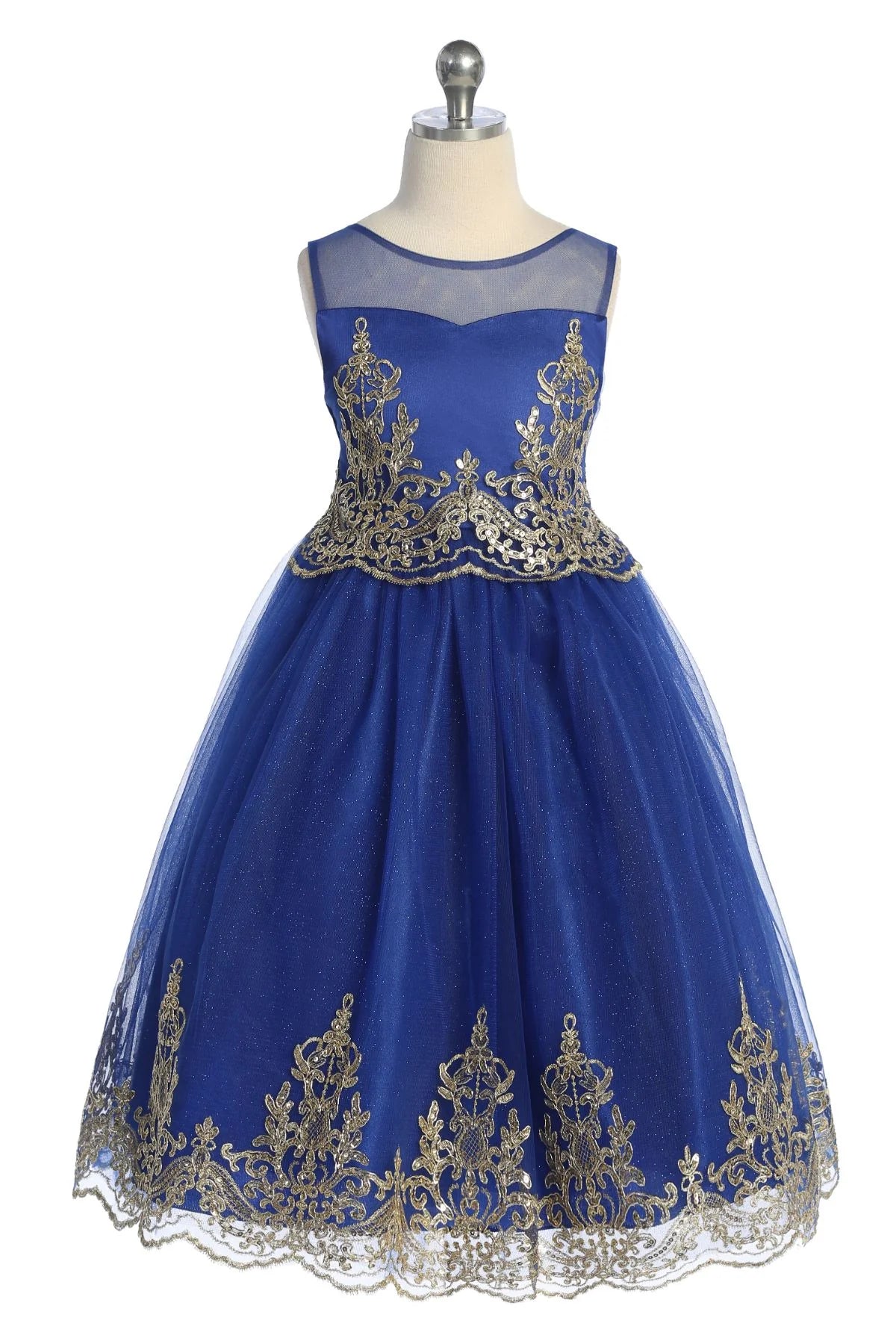 Embroidered Gold Cording Girls Dress Royal Blue Front View