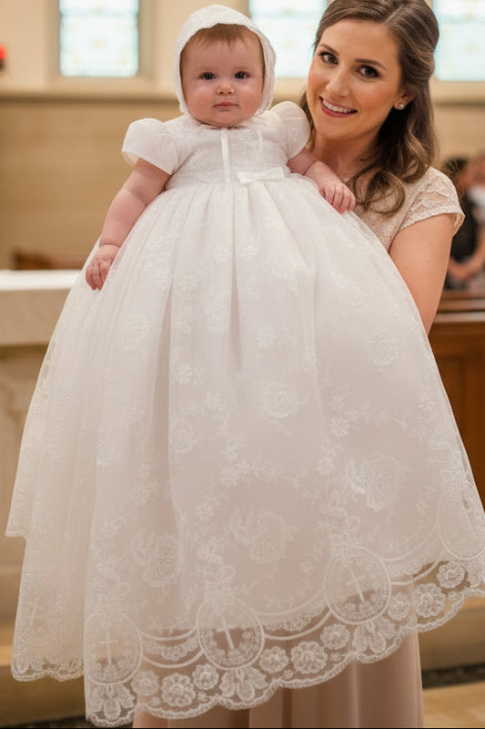 Embroidered Tulle Long Baptism Christening Gown Cross Design Canada live