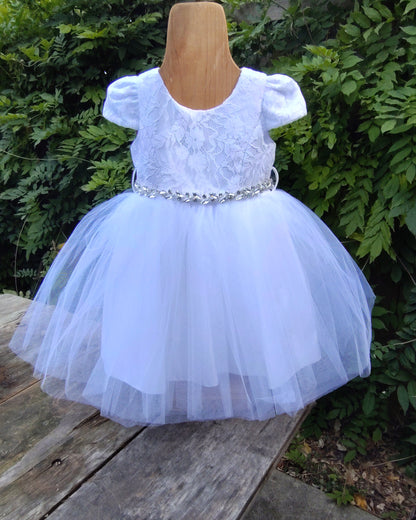 Fancy Lace Top Baby Dress With Cap Sleeve And Rhinestone Belt
