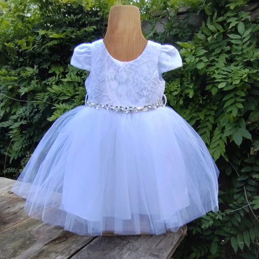 Fancy Lace Top Baby Dress With Cap Sleeve And Rhinestone Belt