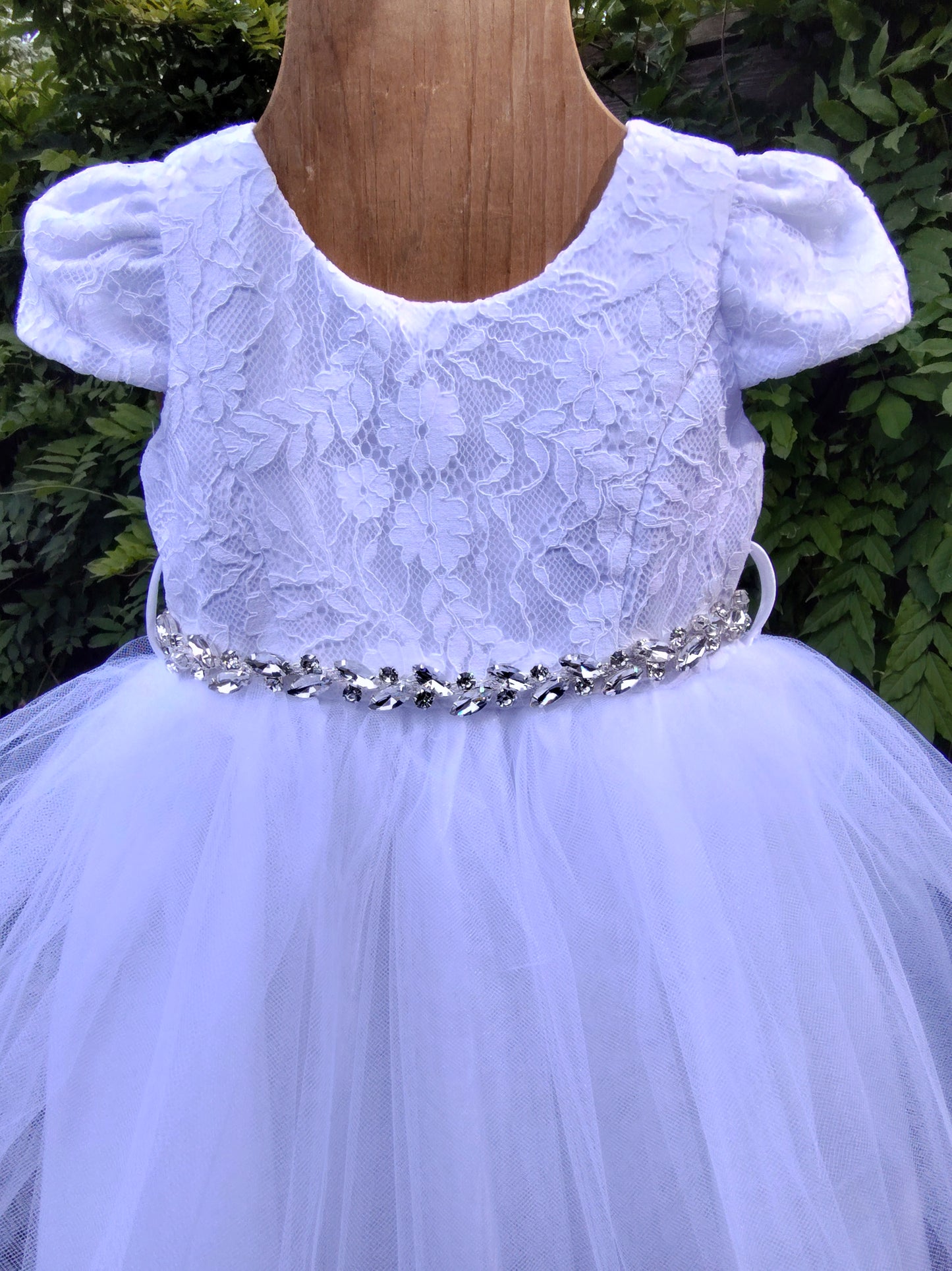 Fancy Lace Top Baby Dress With Cap Sleeve And Rhinestone Belt