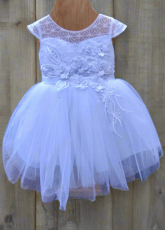 Fancy Baby Girls Long Gown With Cap Mesh Sleeve With Hanging Embellishment