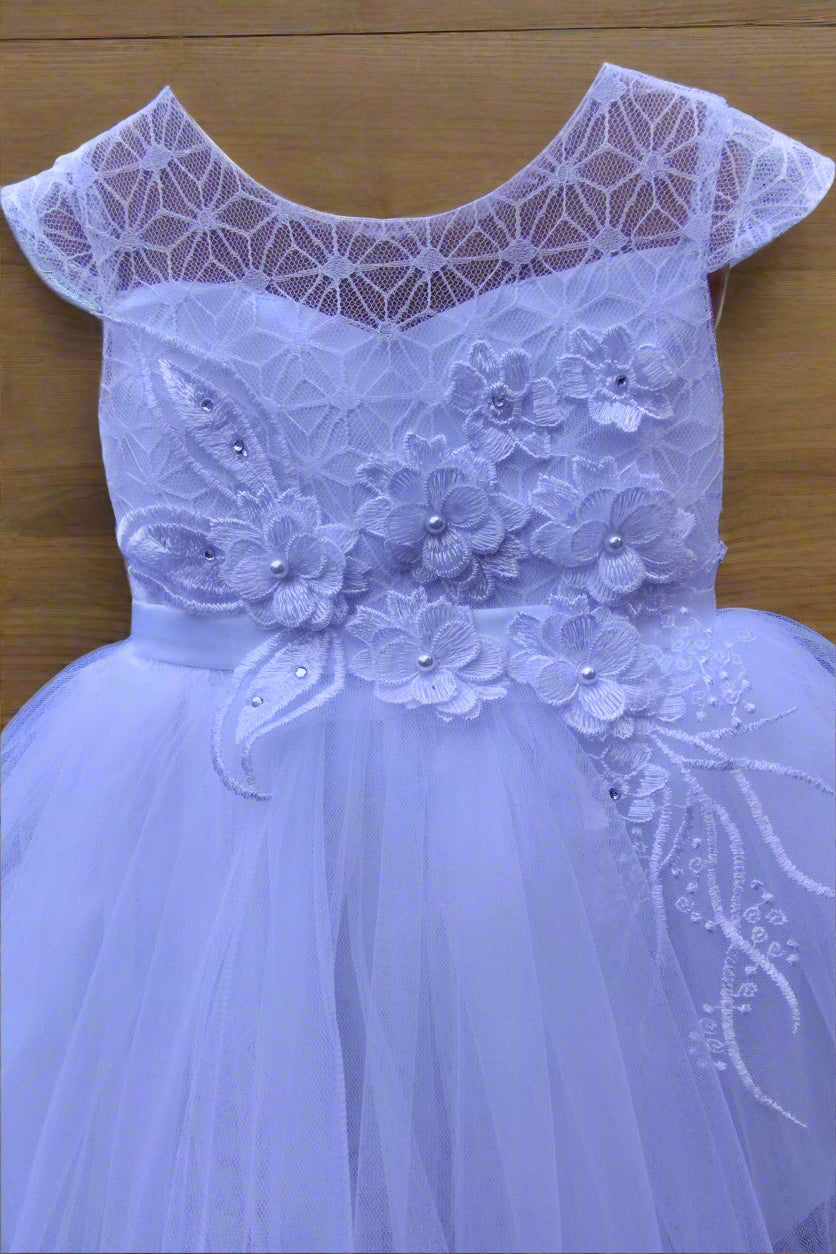 Fancy Baby Girls Long Gown With Cap Mesh Sleeve With Hanging Embellishment