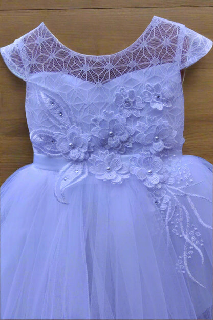 Fancy Baby Girls Long Gown With Cap Mesh Sleeve With Hanging Embellishment