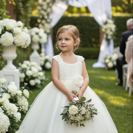 Fancy Affordable Tulle Girls Dress Off White Front View