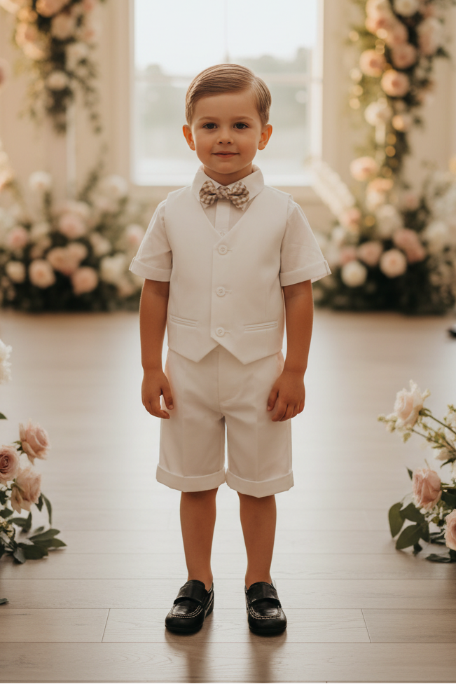 Fancy Baby Boy Vest & Suspender Short Set  Ivory checkered bow tie Canada