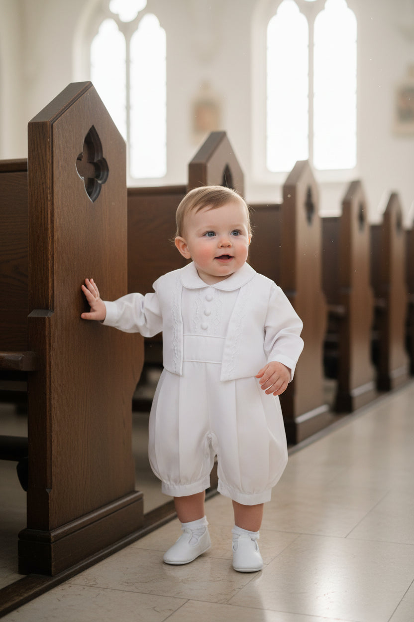 Fancy Baptism Christening Boys Romper Embroidered Vest White Canada front