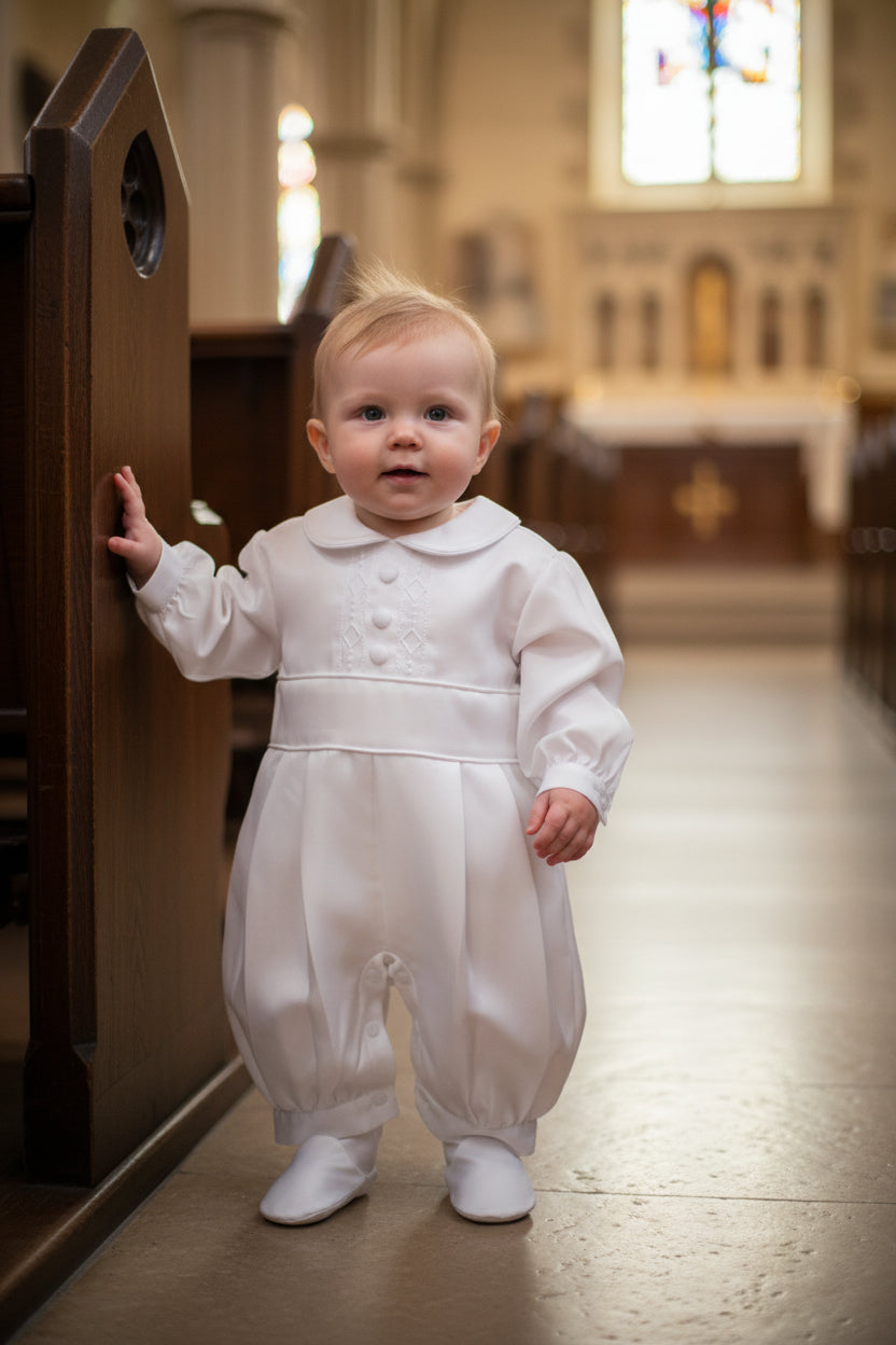 Fancy Baptism Christening Boys Romper Embroidered Vest White Canada front top no vest