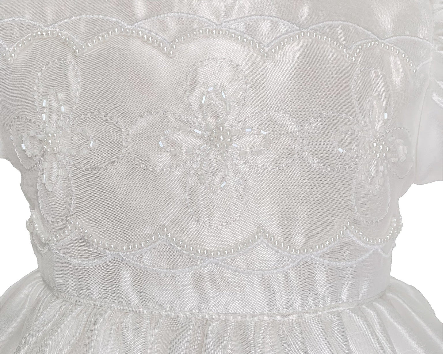 Fancy Beaded Short Baptism Christening Dress White Shantung Canada close