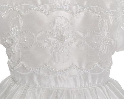 Fancy Beaded Short Baptism Christening Dress White Shantung Canada close