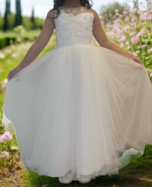 Fancy Beaded Sweetheart Top Girls Long Gown White Front View