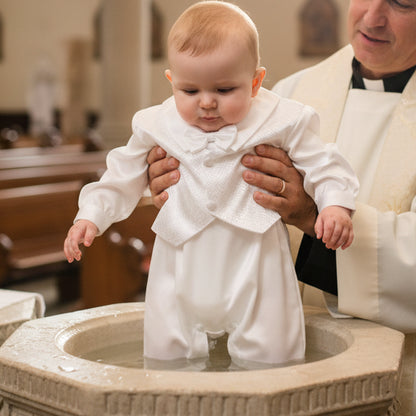 Fancy Boys Baptism Christening Romper Attached Vest White Canada front close up