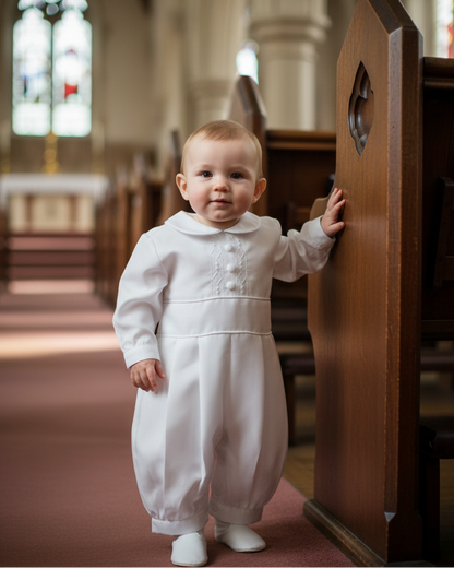 Fancy Boys Embroidered Baptism Knicker Romper White Canada front