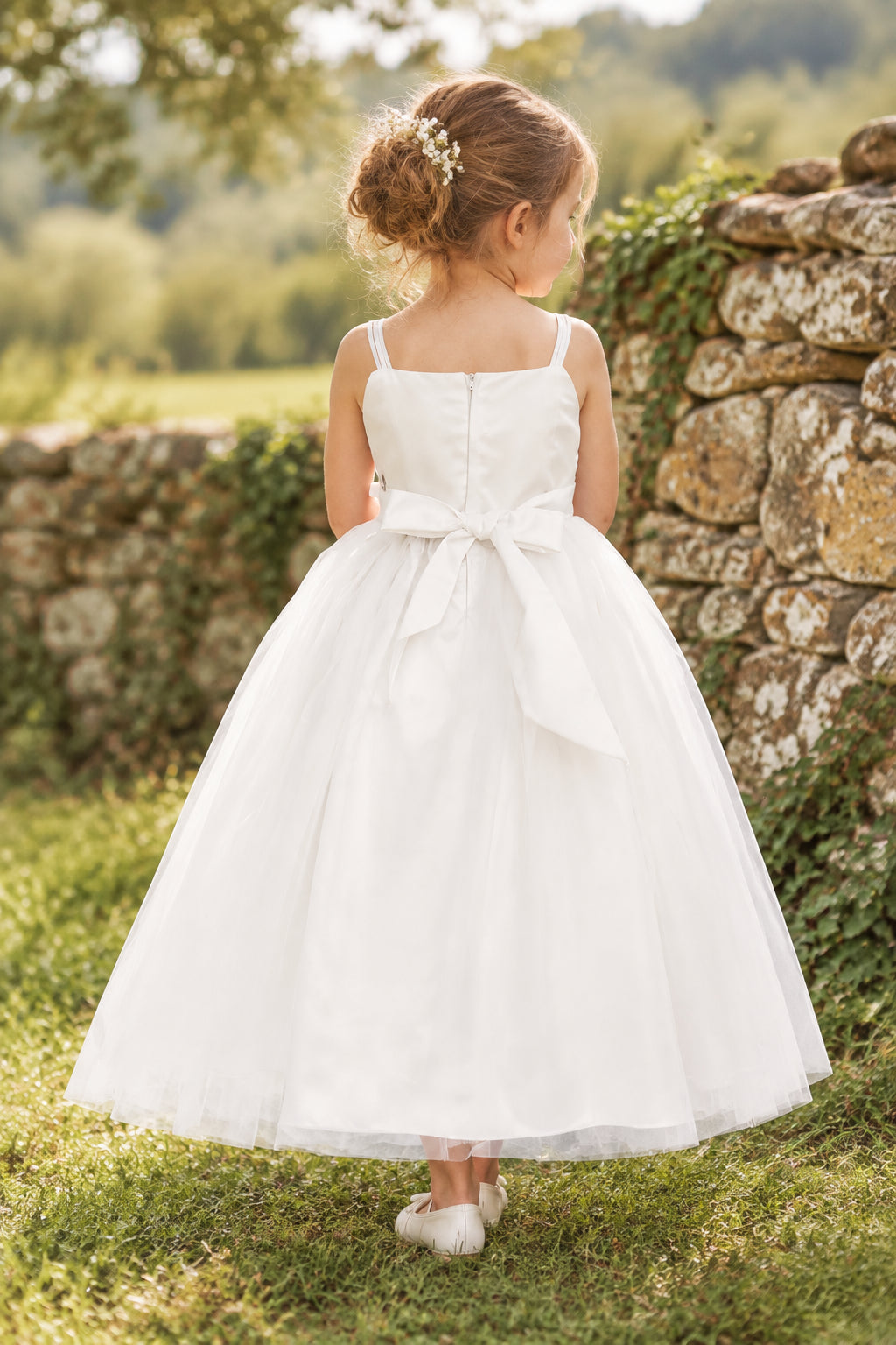 Fancy Dainty Pearl Top Girls Tea Length Dress White Ivory Canada back