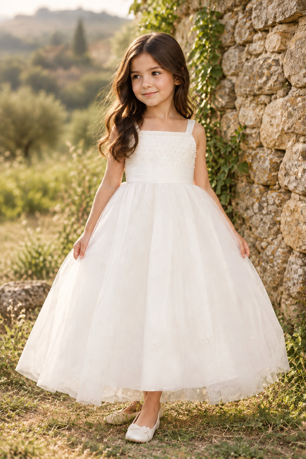 Fancy Dainty Pearl Top Girls Tea Length Dress White Ivory Canada live