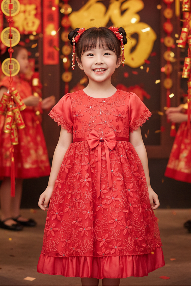 Fancy Embroidered Daisy Girls Dress Multi Colours Canada red