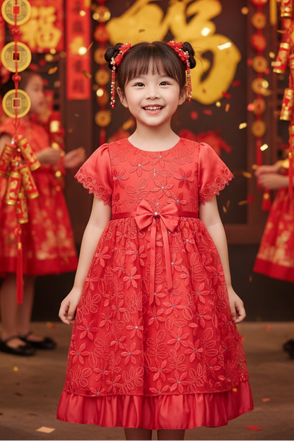 Fancy Embroidered Daisy Girls Dress Multi Colours Canada red