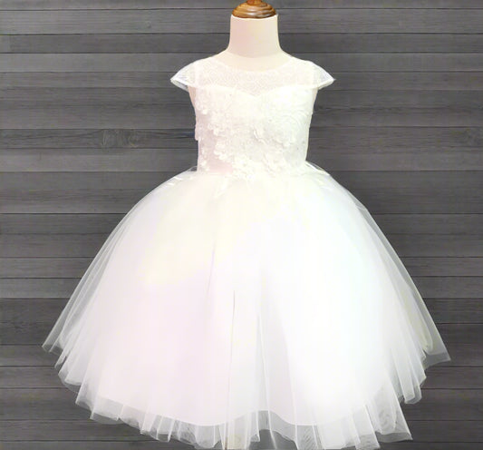 Fancy Hanging Appliqué Girl Dress  White Front View