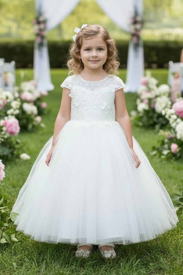 Fancy Hanging Appliqué Infant Girls Short Dress White Ivory Red Canada best Front View