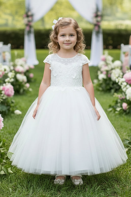Fancy Hanging Appliqué Infant Girls Short Dress White Ivory Red Canada best Front View
