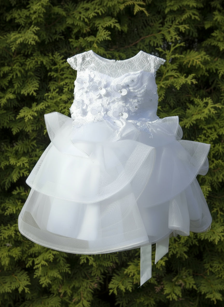 Fancy Hanging Applique Baby Dress Layered Skirt White Front View