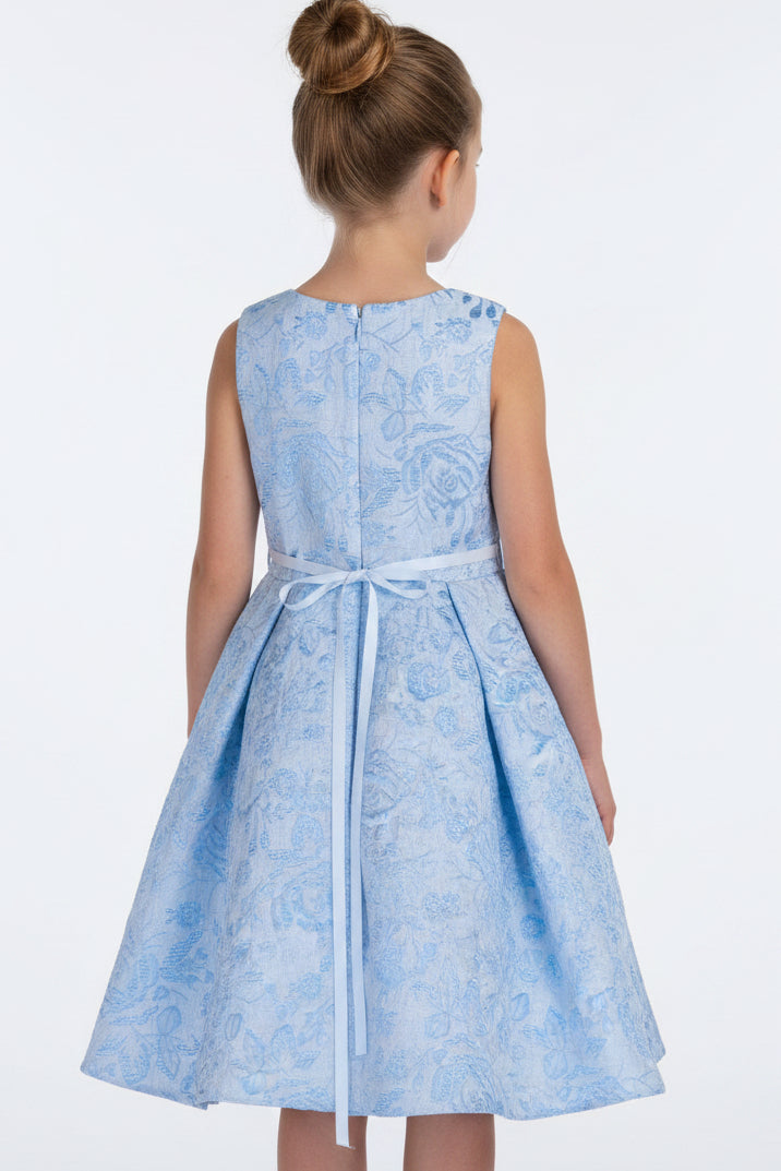 Fancy Jaccard Box Pleat Baby Girls Dress Multi Colour Canada  light blue back 