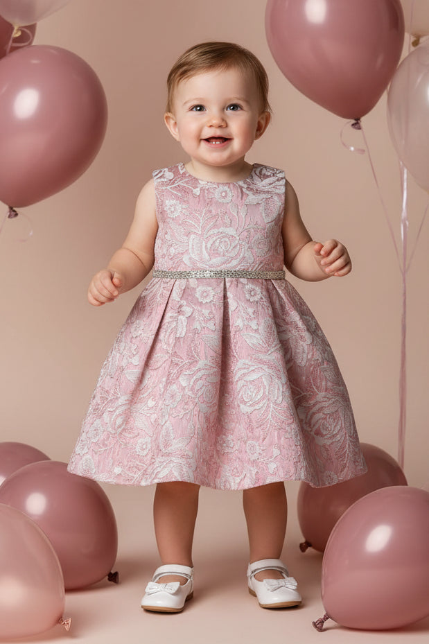 Fancy Jaccard Box Pleat Baby Girls Party Dress Multi Colour Canada Dusty Pink