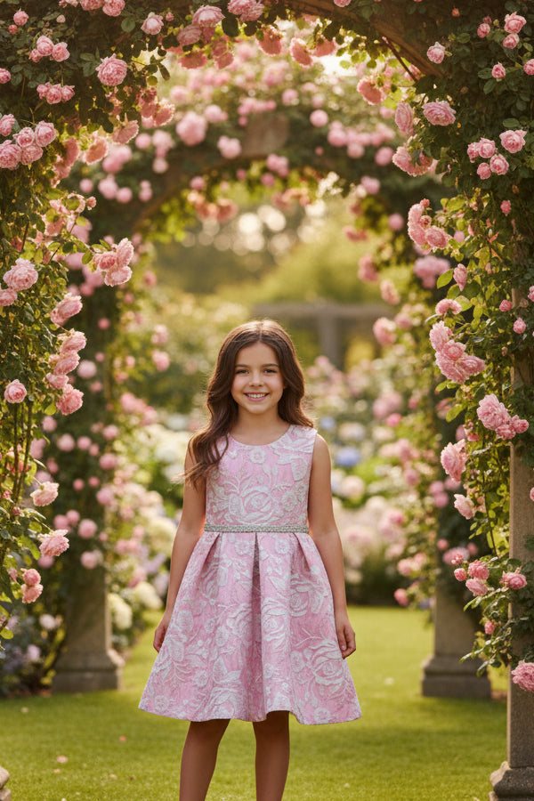 Fancy Jaccard Box Pleat Girls Party Dress Multi Colour Canada rose