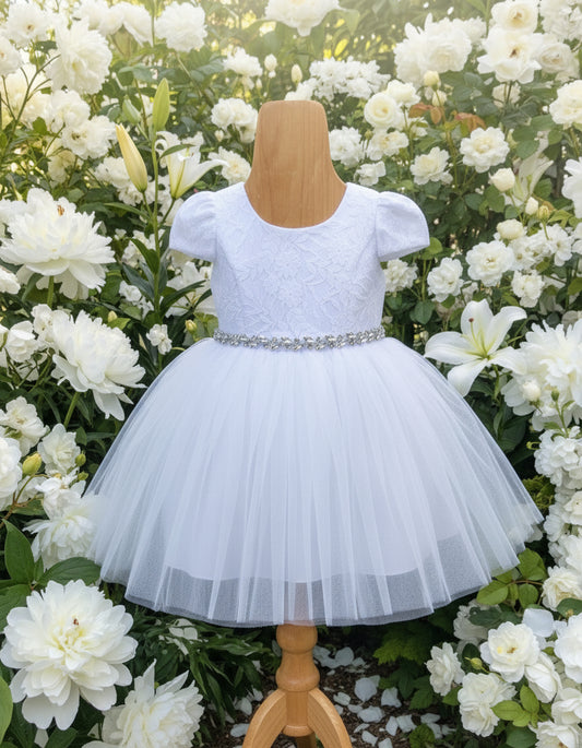 Fancy Lace Top Baby Dress With Rhinestone Belt White Ivory Canada