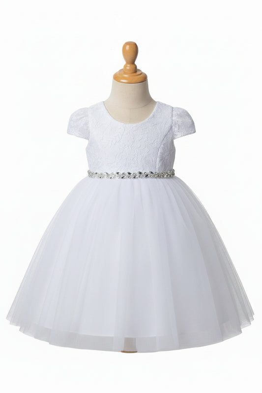 Fancy Lace Top Baby Dress With Rhinestone Belt White close up Canada