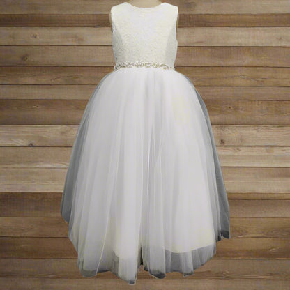 Fancy Lace Top Flower Girls Dress White Front View