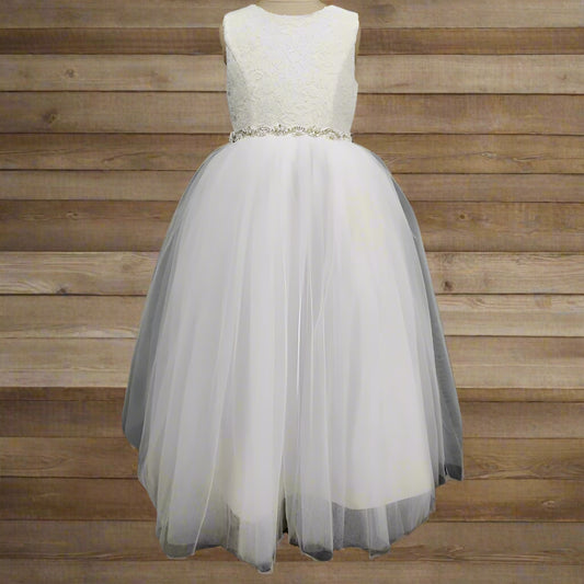 Fancy Lace Top Flower Girls Dress White Front View