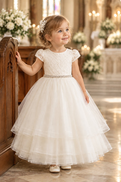 Fancy Lace Top Short Sleeve Layered Girls Gown White Ivory Canada  small
