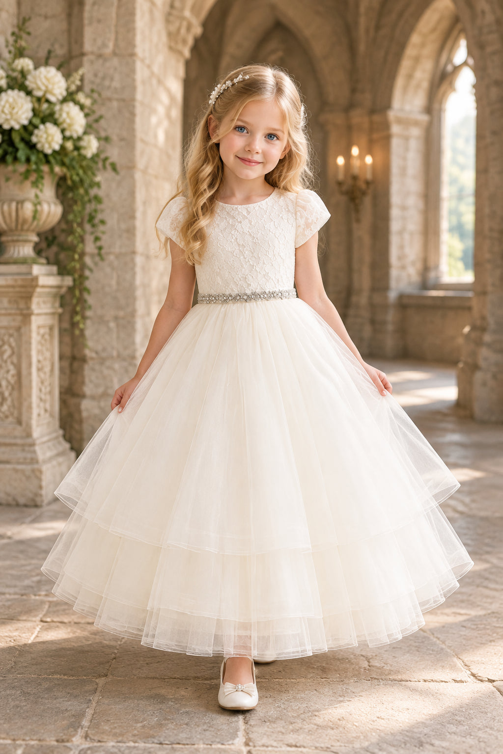 Fancy Lace Top Short Sleeve Layered Girls Gown White Ivory Canada