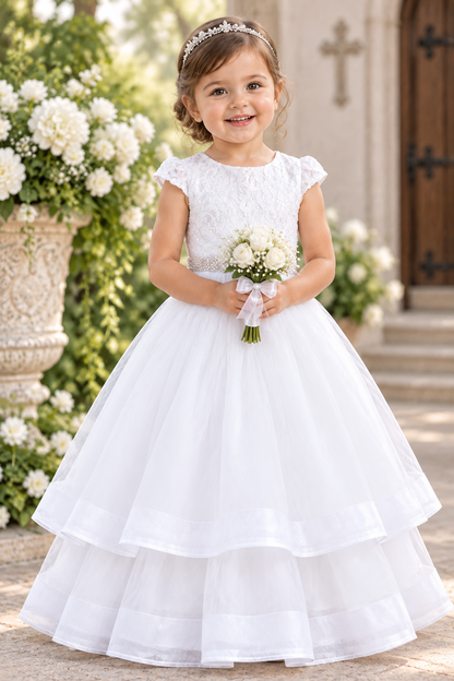 Fancy Lace Top Short Sleeve Layered Girls Gown White Ivory Canada  06 horse