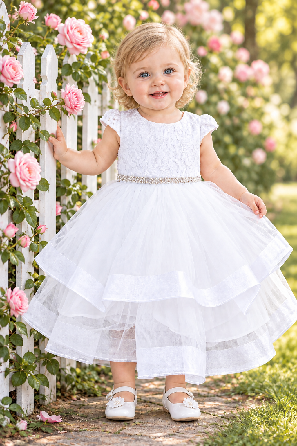 Fancy Lace Top Short Sleeve Layered Girls Gown White Ivory Canada  baby 06