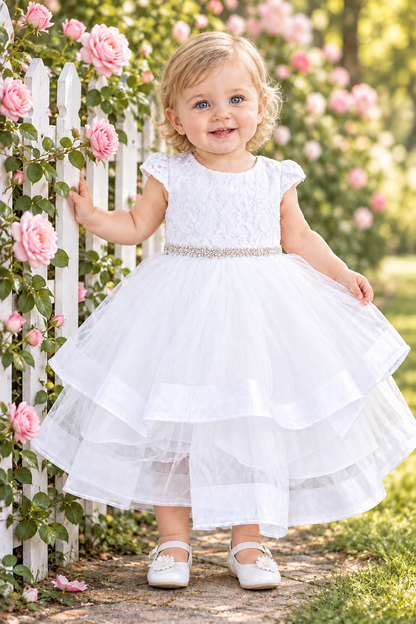 Fancy Lace Top Short Sleeve Layered Girls Gown White Ivory Canada  baby 06