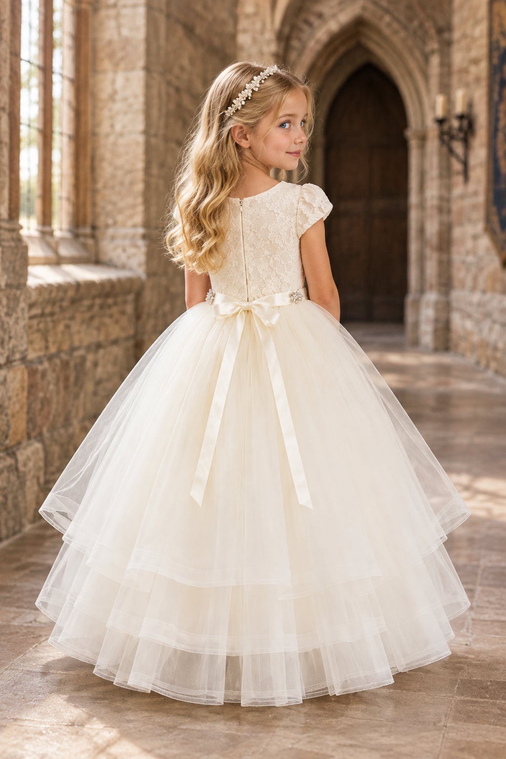 Fancy Lace Top Short Sleeve Layered Girls Gown White Ivory Canada back