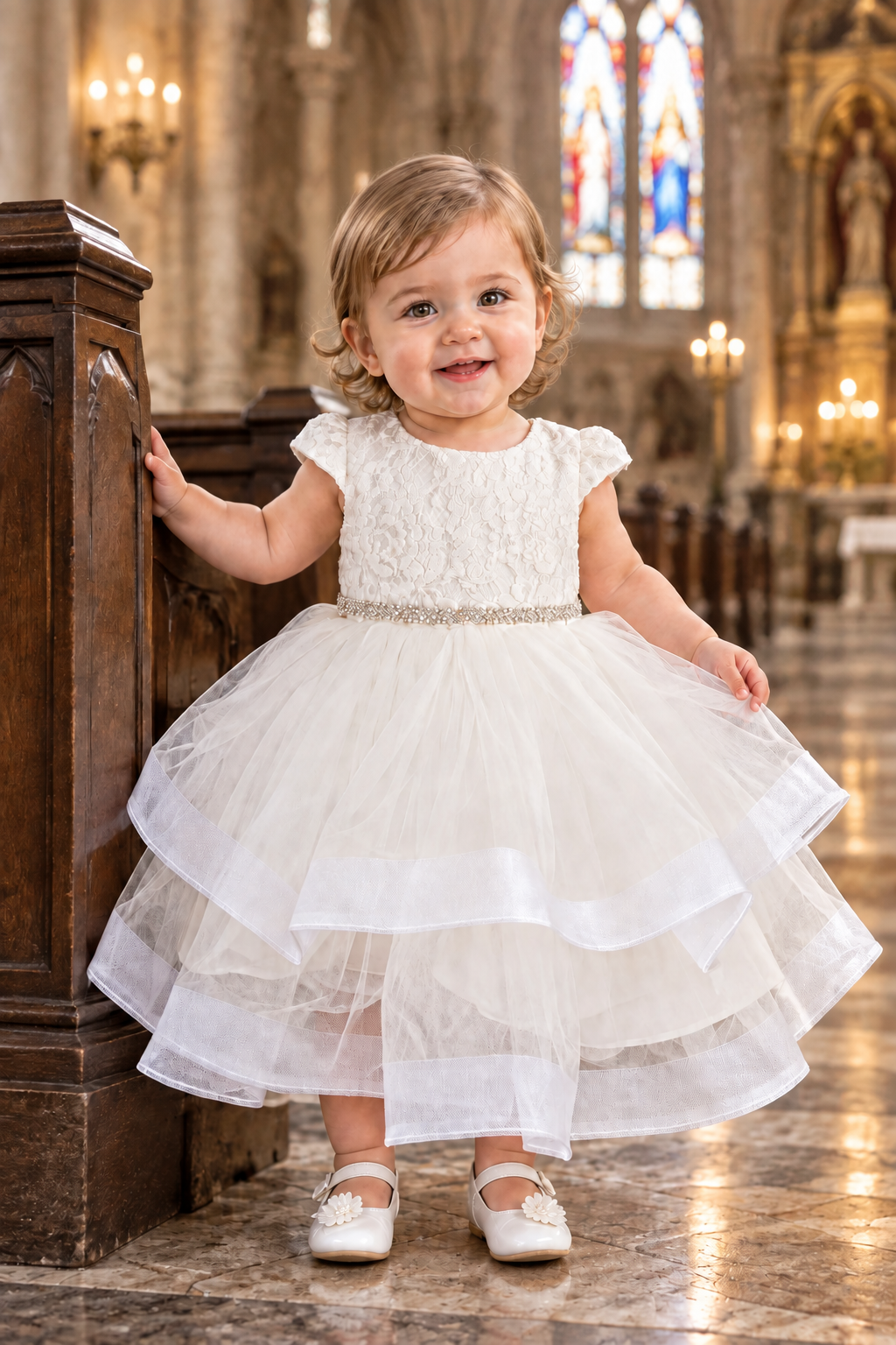 Fancy Lace Top Short Sleeve Layered Girls Gown White Ivory Canada  infant 06