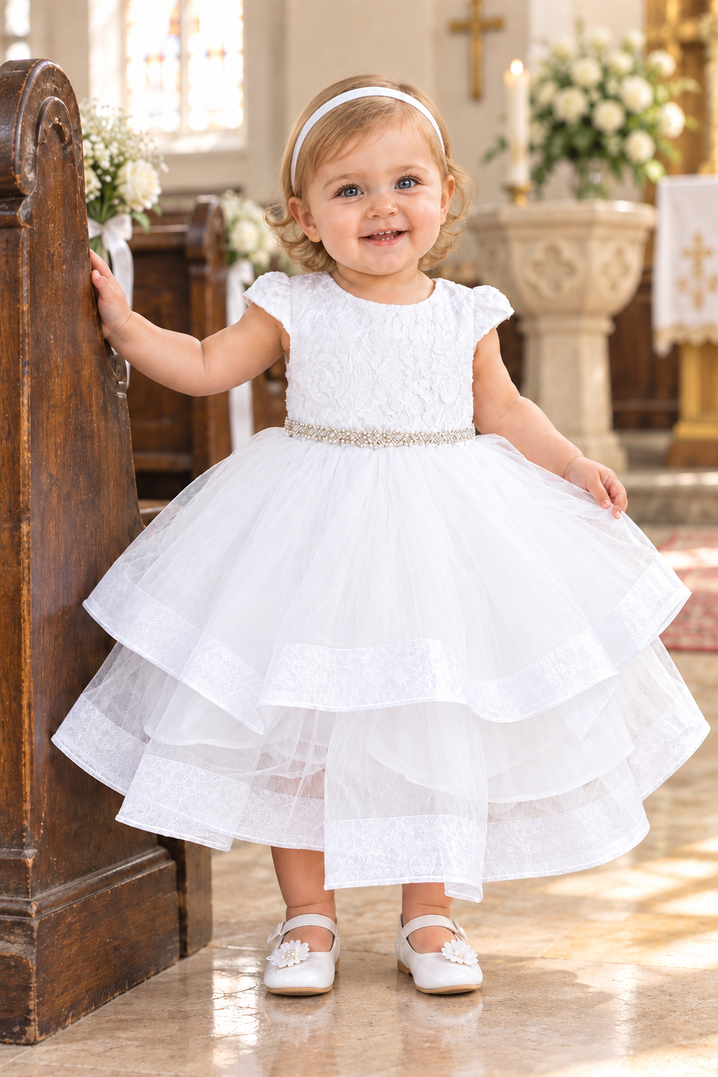 Fancy Lace Top Short Sleeve Layered Girls Gown White Ivory Canada  infant 06 hh