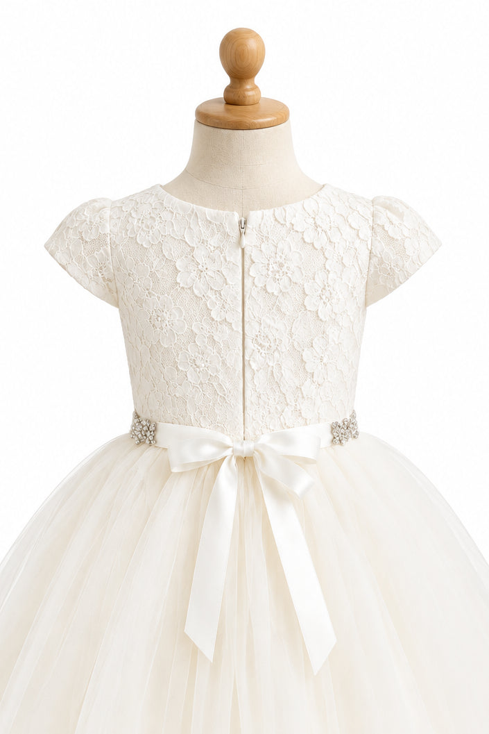 Fancy Lace Top Short Sleeve Layered Girls Gown White Ivory Canada mannequins back
