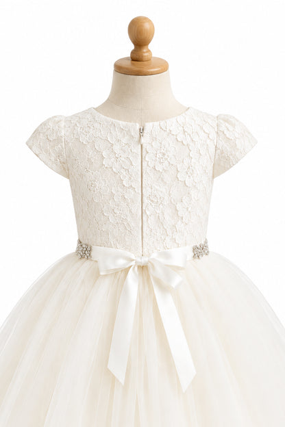 Fancy Lace Top Short Sleeve Layered Girls Gown White Ivory Canada mannequins back