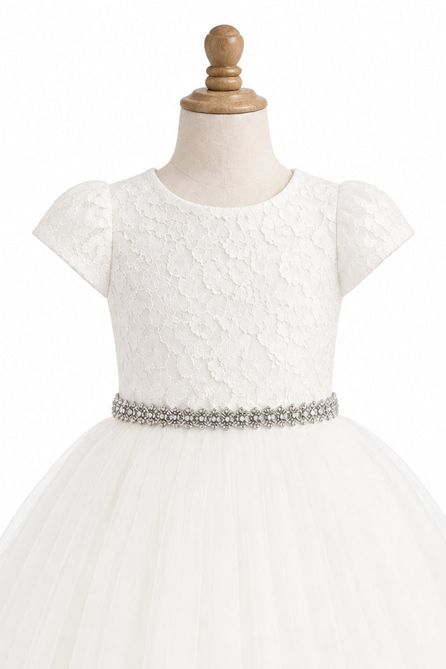Fancy Lace Top Short Sleeve Layered Girls Gown White Ivory Canada mannequins front