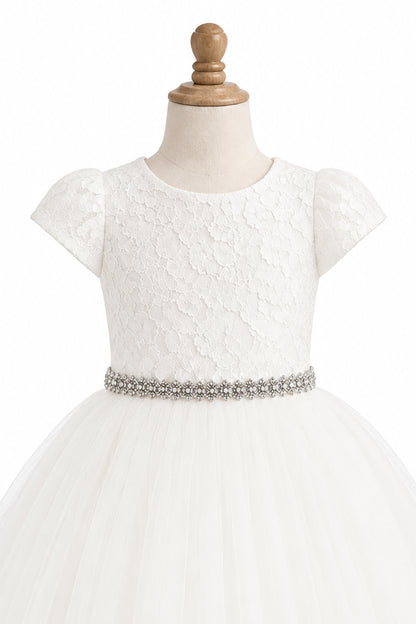 Fancy Lace Top Short Sleeve Layered Girls Gown White Ivory Canada mannequins front