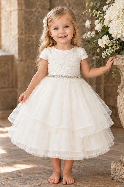 Fancy Lace Top Short Sleeve Layered  baby Girls dress White Ivory Canada  