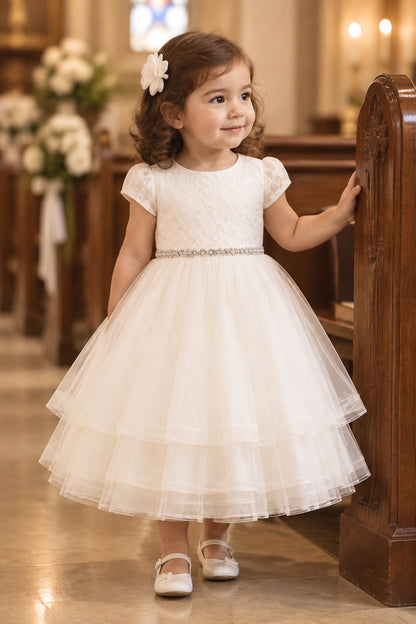 Fancy Lace Top Short Sleeve Layered  baby Girls dress White Ivory Canada  live