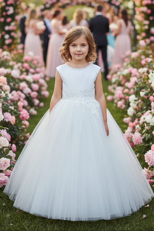 Fancy Pearl And Crystal Neckline Girls Dress White Waist Detail View